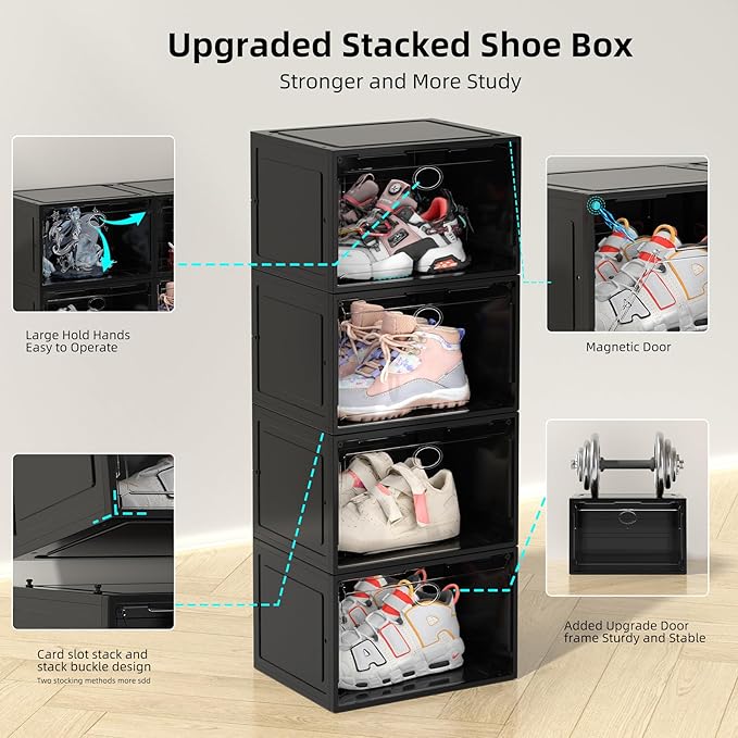 6 Pack Clear Sliding Door Shoe Box, Plastic Shoe Rack Storage Box, Shoe Display Case Suitable for Sneakers, Casual Shoes(Black)