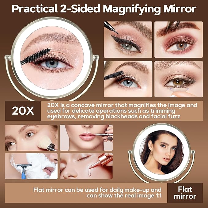 Makeup Mirror with Lights, 9" 20X Magnifying Mirror with Light and 3 Colors, Vanity Mirror with Lights and Adjustable Brightness, 2-Sided Desk Mirror with Light for Makeup, Nickel