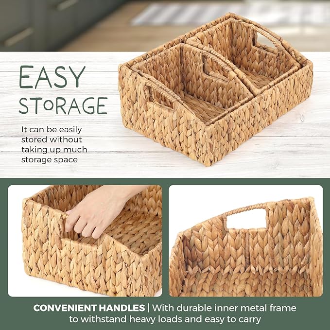 Set of 3 Handwoven Water Hyacinth Storage Baskets – Decorative Natural Wicker Organizer Bins with Built-in Handles for Bathroom, Kitchen, Pantry, Nursery, Closet, Laundry, Living Room, and Home Use