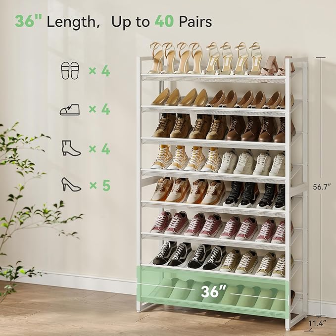 Shoe Rack,8 Tier Metal Shoe Organizer,Max Holds 40 Pairs,Heavy Duty Shoes Shelf for Garage, Entryway, Closet,White