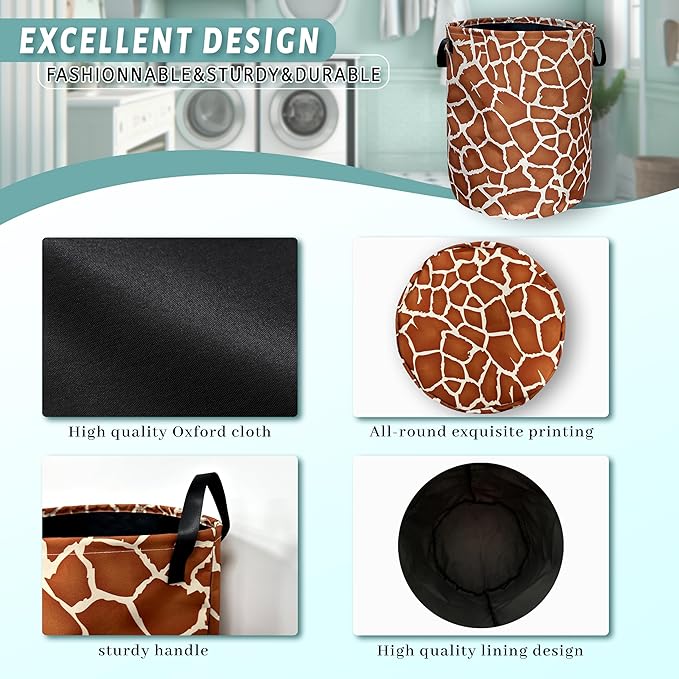 Giraffe Texture Laundry Basket With Handles Oxford Cloth Tote Bag Animals Laundry Hamper 18.9"x16.5" Foldable Clothes Storage Bucket Toy Organizer For Bathroom/Laundry/Bedroom