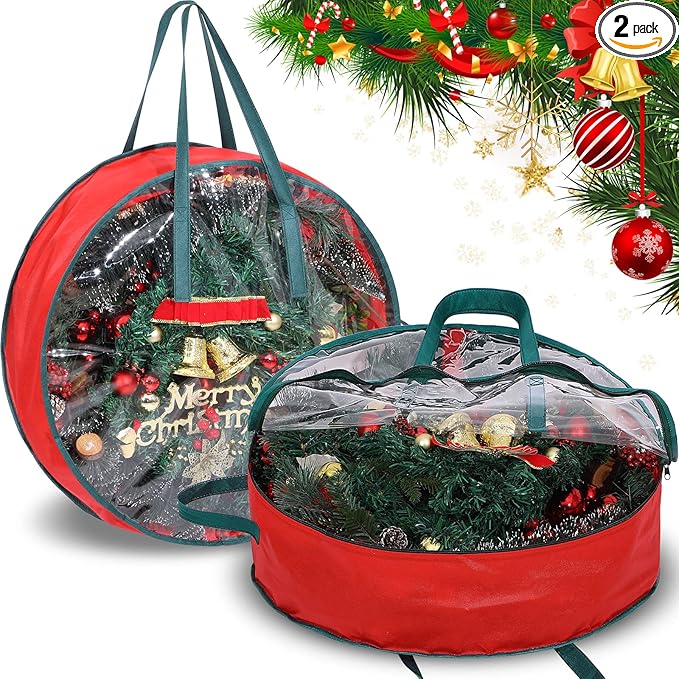 Shappy 2 Pcs Christmas Wreath Storage Bag Clear Wreath Box Wreath Storage Containers with Clear Window and Handle Christmas Garland Storage Containers for Xmas Holiday Seasonal Storage (24 Inch)