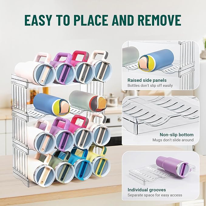 Large Tumbler Organizer for 8 Stanley Cup, Kitchen Organizers and Storage for Stanley Cup Accessories, Stackable Water Bottle Organizer Fits 20/30/40 oz Cup, Good for Kitchen Fridge Storage