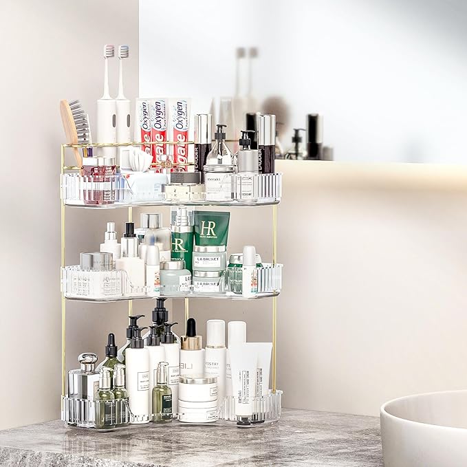 Makeup Organizer Countertop 3 Tier, Corner Bathroom Countertop Organizer with Toothbrush and Makeup Brush Holder, Corner Vanity Tray for Skincare Organization