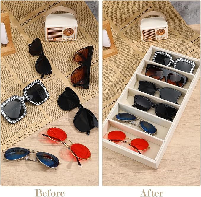 2 Pack Sunglasses Organizer Tray 6 Grid Jewelry Glasses Holder Storage Organizer Drawer Eyeglasses Sunglasses Display Velvet Tray for Women Glasses Jewelry Display Watch (Beige)