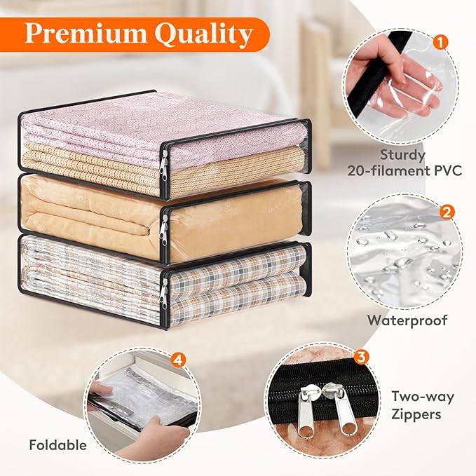 Lifewit 14L Clear Sheet Storage Bags with Zipper 3 Pack, Plastic Sweater Storage Bins for Clothing, Vinyl Foldable Clothes Containers Organizers for Closet, Blankets, Bedding 15.7 x 13.8 x 3.9 Inch