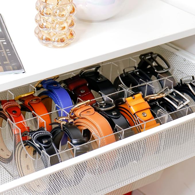 Belt Organizer, Acrylic Belt Storage Holder for Closet and Drawer, 14 Compartments Belt Container for Checkroom, Clear Belt Divider Display Case