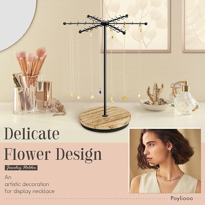 Necklace Holder Jewelry Stand, Rotating Necklace Holder Organizer with 48 Hooks for Necklace Earring Keychains Bracelet Display Stand, Metal Necklace Tree Stand -Gifts for Women (Black)