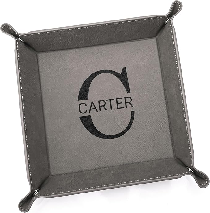 Lifetime Creations Personalized Valet Tray with Last Name and Initial (Gray) - Vegan Leather Catchall, Monogrammed, Organizer, Groomsmen Gift