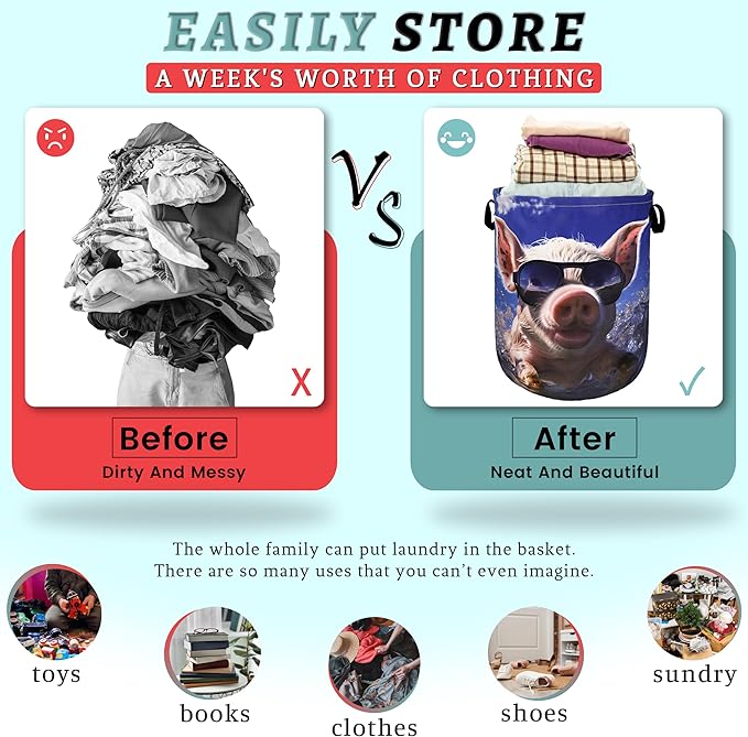 Summer Pig Laundry Hamper Foldable With Handles Cute Animal Tote Bag Oxford Cloth Funny Laundry Basket Clothes Toy Storage Bucket 18.9" x 16.5" For Bathroom/Laundry/Bedroom