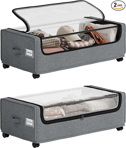 Under Bed Storage With Wheels, Tall Under The Bed Storage, Underbed Storage Containers With Lids, Metal Frame, 90L Capacity, Large Size