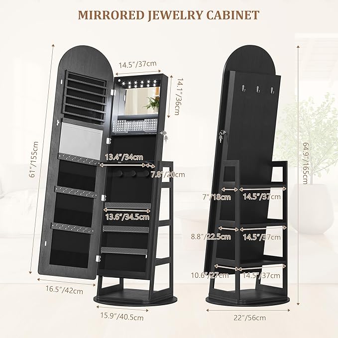 LVSOMT LED Mirror Jewelry Cabinet Standing, Lockable Jewelry Armoire with Arched Full-Length Mirror and Adjustable LED Lights, Space-Saving Jewelry Organizer with Mirror(Black)