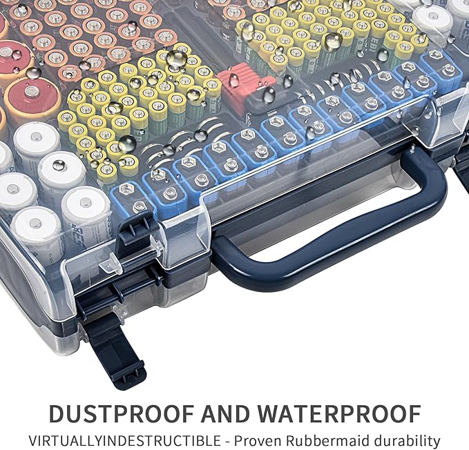 Battery Organizer Storage Holder Box Case with Tester- 269 Batteries Double-Sided Variety Pack, Holds AA AAA 4A C D Cell 9V 3V Lithium LR44 CR2 CR123 CR1632 18650 Button- Blue (Box Only)