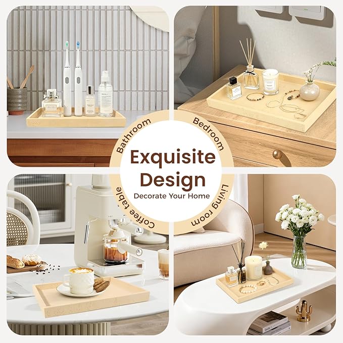 Artificial Travertine Tray, 12"x8" Perfume Tray for Bathroom Counter, Vanity, Home Organizer, Decorative Marble Trays for Perfume, Jewelry, Candles, Coffee, Rectangle, Yellow