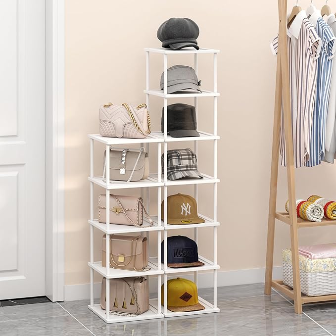 Bamboo Free Standing Shoe Rack Shelf Multi Tier Tall Wooden Stackable Shoes Rack Organizer for Closet Front Door Entrance Narrow Vertical Shoe Storage (White, 12 Tiers)