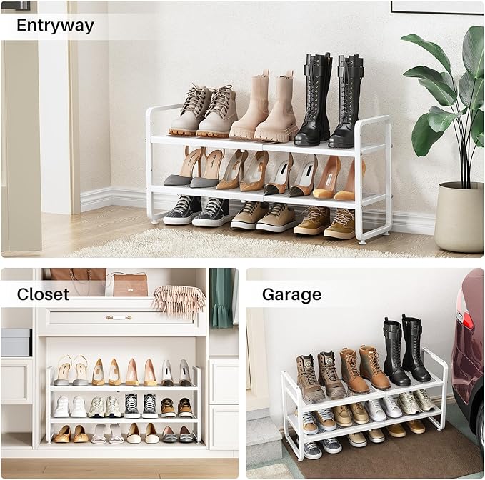 SNTD Shoe Rack - Expandable Shoe Organizer for Closet, Adjustable Metal Shoe Shelf Storage, Stackable Long Shoe Stand Holder for Garage, Entryway, Door Entrance (White, 2-Tier)