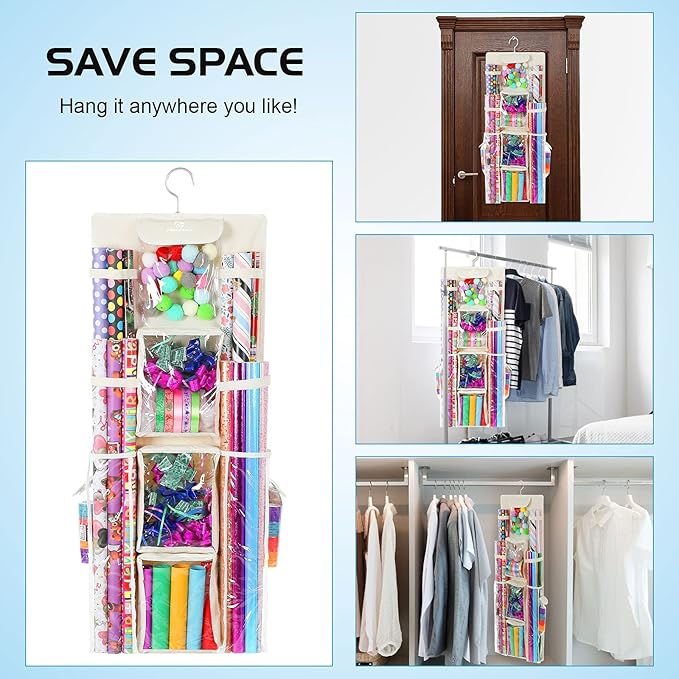 Freegrace Double Sided Hanging Gift Wrap Organizer | Large 16" x 41" Wrapping Paper Rolls Storage Bag | Tearproof & Space Saving Closet Gift Bag Organization Solution (Beige)