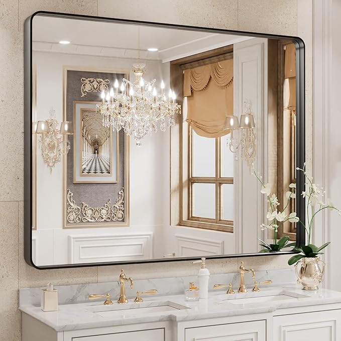 WEER Black Bathroom Mirror for Wall 40X30 Inch, Rectangular Black Metal Framed Vanity Mirror, Farmhouse Bathroom Mirror with Tempered Glass, Rounded Corner, Anti-Rust (Horizontal/Vertical)