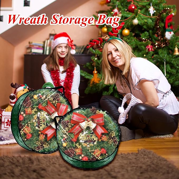 6 Pack Wreath Storage Container 30 Inch Wreath Storage Bag Clear Christmas Wreath Boxes Container with Sturdy Handles for Holiday Seasonal Decoration, Green