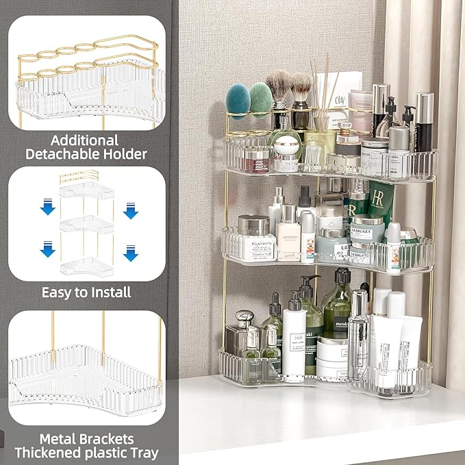 Makeup Organizer Countertop 3 Tier, Corner Bathroom Countertop Organizer with Toothbrush and Makeup Brush Holder, Corner Vanity Tray for Skincare Organization