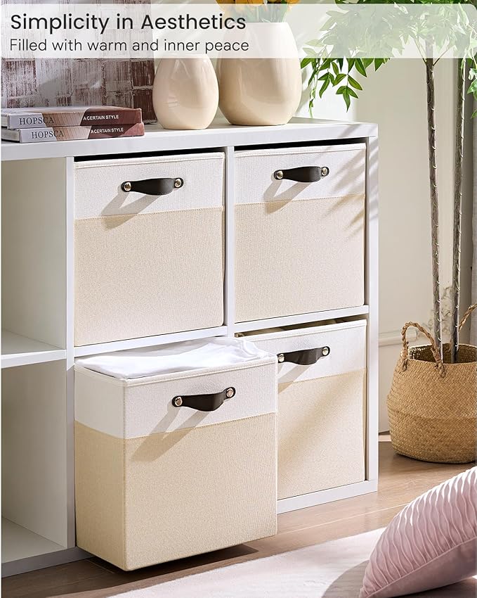 Storage Cube Bins | 7.7 oz/yd² Fabric Cubby Organizer Baskets for Shelf, Bookcase, Closet, Cabinet, Wardrobe | 13x13 Cube Drawer | 6 Pack, Beige & White, 13x13x13 Inch