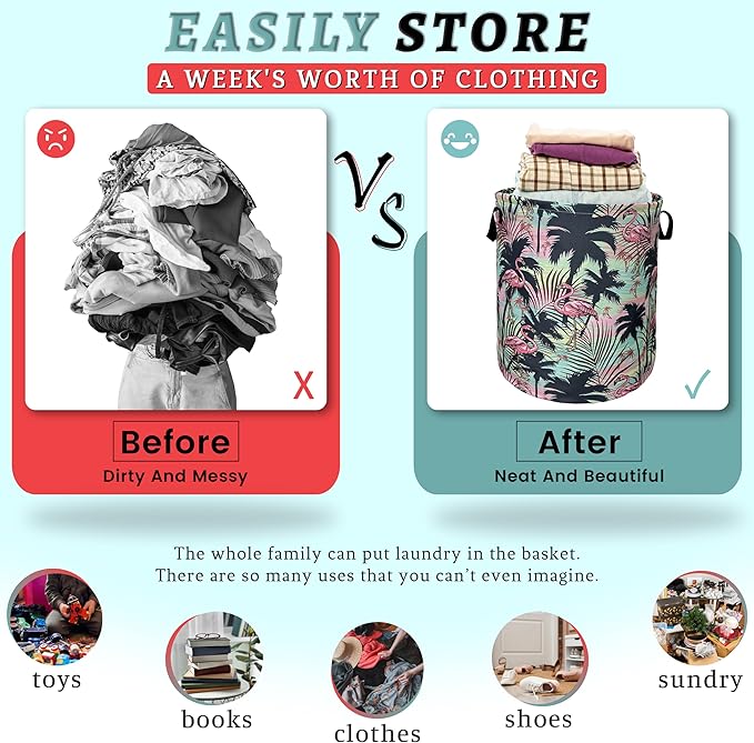Pink Flamingo Laundry Basket With Handles Oxford Cloth Tote Bag Tropical Palm Trees Laundry Hamper 18.9" x 16.5" Foldable Clothes Storage Bucket Toy Organizer For Bathroom/Laundry/Bedroom