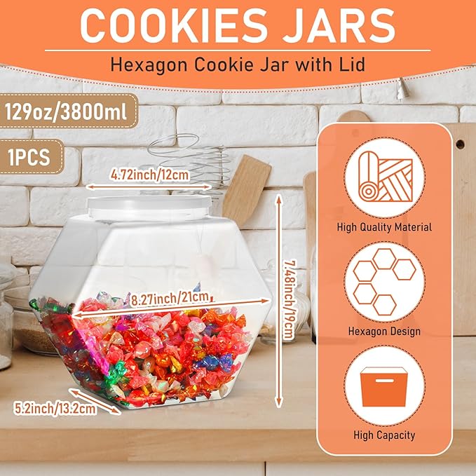 Uiifan 1 Piece Plastic Candy Jar with Lid Cookie Jar Clear Hexagonal Fish Bowls Containers for Snacks, Dog Food, Desk Pet, Craft and Sewing Supplies, Coffee Pod, Laundry Pod Storage Display(129 oz)
