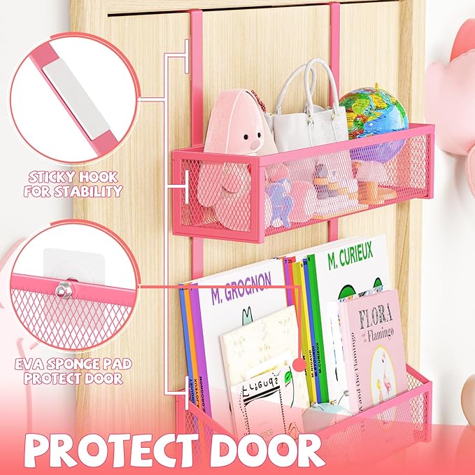 Over The Door Hooks Organizer, Coat Rack Over The Door Storage Hanger Towel Rack, Back of Door Storage Organizer for Bathroom,Bedroom,Kitchen,Office (Pink, 3-Tier)