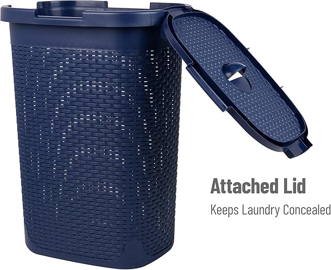 Mind Reader Slim Laundry Hamper with Lid, 60L Clothes Basket, Premium Wicker Design, Plastic, Navy