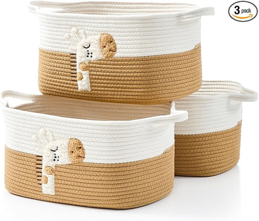 Storage Bins Woven Baskets for Storage Set of 3, Cotton Rope Basket with Handles for Toys/Shelves/Laundry, Rectangle Multi-Purpose Organizer for Living Room, Bedroom, Nursery (Giraffe)