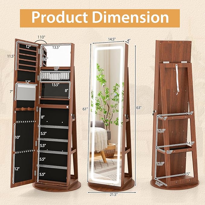 GOFLAME 360° Swivel Jewelry Cabinet Armoire with Full Length Mirror, Standing Jewelry Storage Organizer with Rear Storage Shelves, 3-Color LED Lights, Foldable Shelf, Interior Mirror, Walnut
