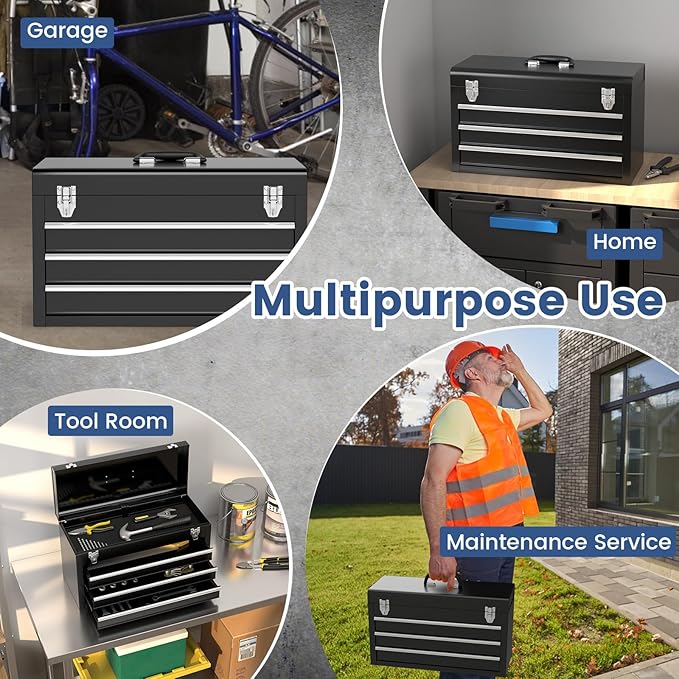 Metal Tool Box, 3-Drawer Tool Box with Carry Handle, 2 Latches & Liner, Portable Tool Chest Storage Box Organizer for Garage, Warehouse & Repair Shop (Black)