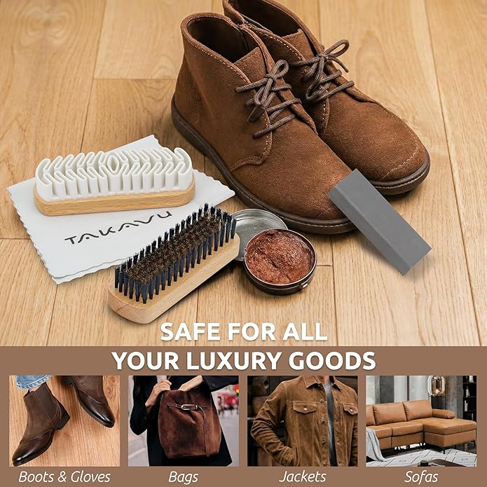 TAKAVU Premium Suede & Nubuck Cleaning Brush Kit, Crepe & Brass Bristle Brush, Microfiber Towel Cloth, Cleaning Block Eraser for Shoes, Boots