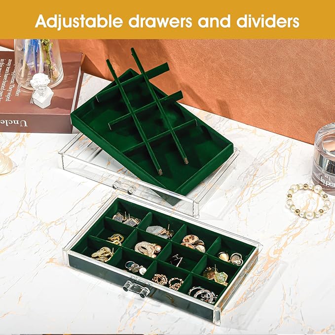 ProCase Earring Holder Organizer Jewelry Box with 5 Drawers, Acrylic Clear Earring Case with Adjustable Velvet Trays for Women - Emerald, 5 Layers