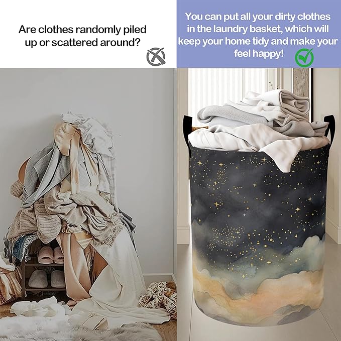 Laundry Basket,Night Sky Stars Clouds Large Canvas Fabric Lightweight Storage Hamper Organizer Dirty Clothes Collapsible Waterproof for College Dorms,Bathroom