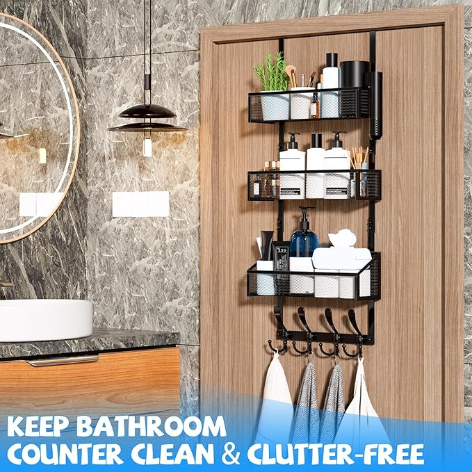 Over The Door Hooks Organizer, Coat Rack Over The Door Storage Hanger Towel Rack, Back of Door Storage Organizer for Bathroom,Bedroom,Kitchen,Office (Black, 4-Tier)