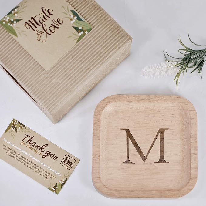 I'm Wooden Personalized Letter Catchall Valet Tray Trinket Dish Jewelry Tray Key Bowl Decorative Plate Organizing Ring Earrings Necklaces Bracelet Watch Coins Wallet Holder (6"x6" Sq Natural M)