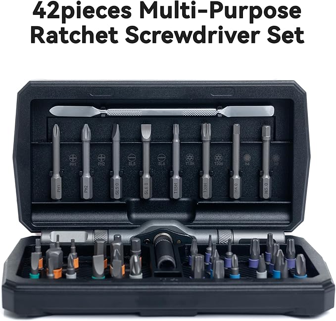 42 in 1 Magnetic Screwdriver, Screwdriver Set, Multi Bit Ratcheting Screwdriver Set with Storage Case Repair Tool Kit for Computer, Eyeglass, Bicycles, Watch, Ring Doorbell, Furniture and DIY