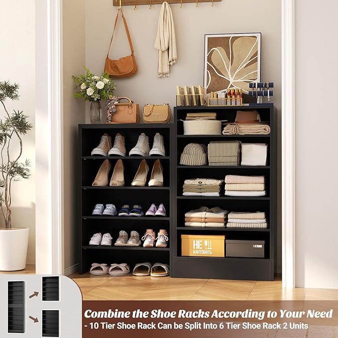Aheaplus Tall Shoe Cabinet, 10 Tiers Narrow Wood Shoe Rack, Shoe Storage Organizer with Open Storage, Vertical Shoe Shelf Tower for 20-22 Pairs, Space Saving, for Closet, Entryway, Bedroom, Black