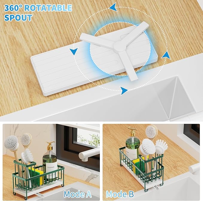 Cisily Sponge Holder for Kitchen Sink, Sink Caddy Organizer with High Brush Holder, Kitchen Countertop Organizers and Storage Essentials, Rustproof 304 Stainless Steel (Dark Green, 9.25″)