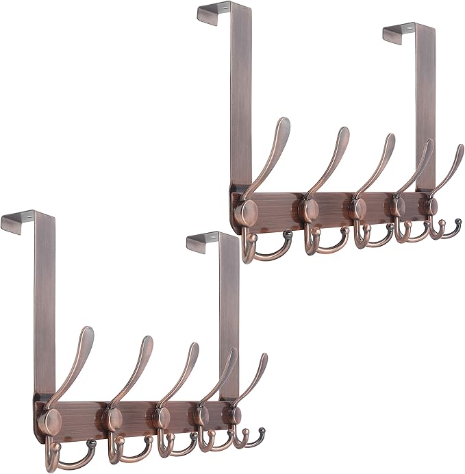 WEBI Over The Door Hook,Door Hanger Hook Rack with 5 Tri Hooks for Hanging,Over Door Towel Rack Door Coat Hanger Door Coat Rack for Bathroom,Behind Back of Door,Antique Copper,2 Packs
