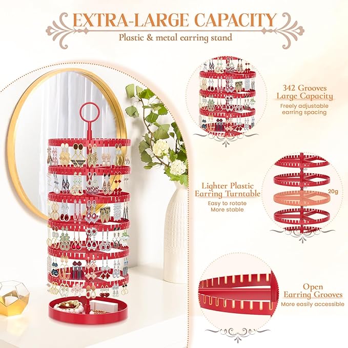 iDavosic.ly 6 Tier Rotating Earring Holder Organizer with Metal Tray, Adjustable Plastic Dangle Display Stands Tree with 342 Grooves, Large Hoop Storage Rack Tower, Red