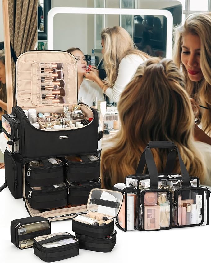 Relavel Rolling Makeup Train Case, Cosmetology Case on Wheels with 4 Clear Bags and Clear Makeup Bag, Professional Makeup Artist Set Bags Organizer with 360° Spinner Wheels