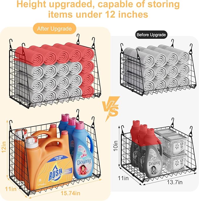 3-Pack Hanging Laundry Baskets, Foldable Metal Wire Shelves with 360° Rotating Hooks, Space-Saving Over Washer/Dryer or Closet Storage for Laundry Room & Closet Organization, Black