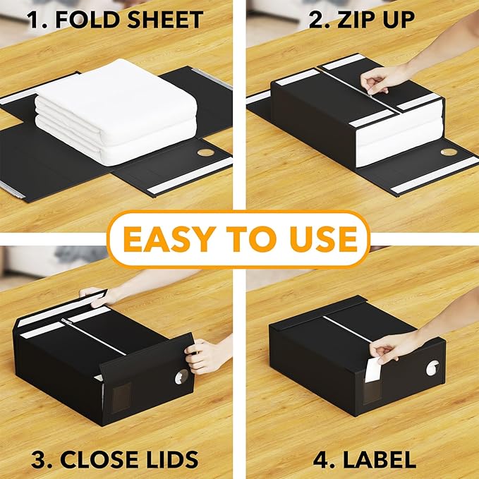 SpaceAid 4 Pack Bed Sheet Organizers and Storage, Foldable Sheet Organizer for Linen Closet, Sheets Set Folder Keeper with Window XL (Queen & King Size) Organizing Bedding Container, Black