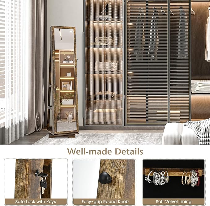 360° Swivel LED Mirror Jewelry Cabinet with Full Length Mirror, Lockable Floor Standing Mirrored Jewelry Armoire Organizer w/Inside Makeup Mirror & Back Storage Shelves (Rustic Brown)