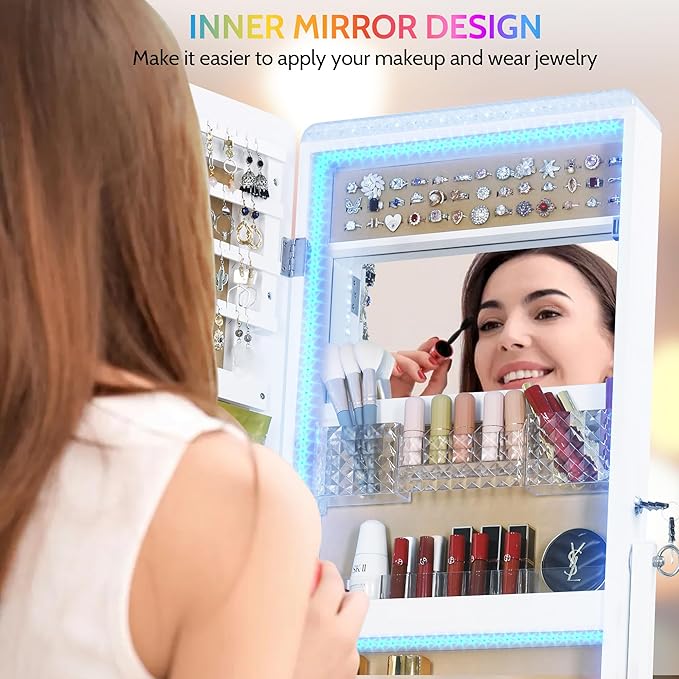 LVSOMT LED Mirror Jewelry Cabinet, Large Jewelry Armoire Cabinet Standing, Lockable Full Length Mirror with Jewelry Storage, Space-Saving Jewelry Organizer Mirror, 14 RGB Lights, White
