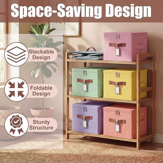 6 Pack Fabric Closet Storage Bins with Zipper Lids and Label, 10×8×7In Large Foldable Cotton Linen Storage Cubes with Leather Handles for Nursery, Pink, Purple, Blue, Green, Yellow, Orange