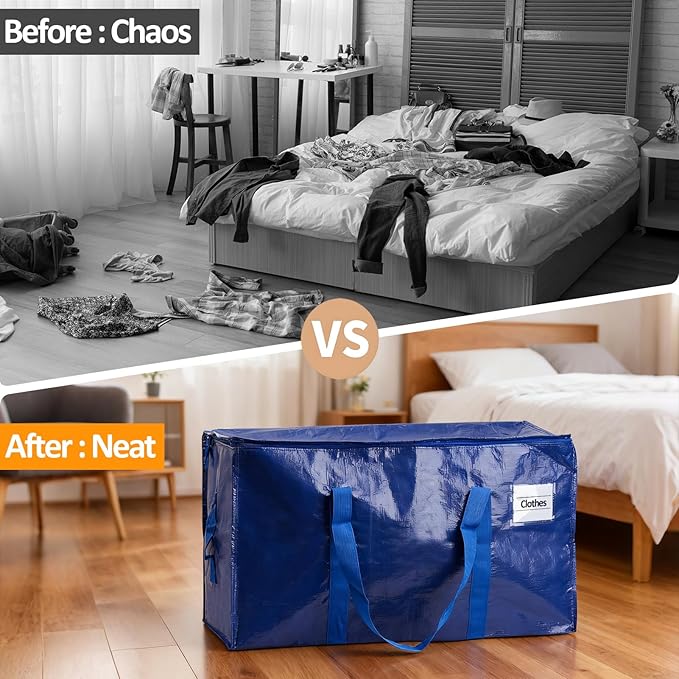 2-Pack Blue Extra Large Moving Bags, Heavy Duty Storage Bags with Lids, Reinforced Handles and Zippers, Organizing Bags for Dorm Packing, Clothes Storage, Toy, Camping, College Supplies