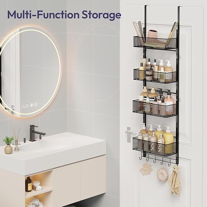 SWTYMIKI Over The Door Purse Organizer - Wall Mounted Purse Rack with 4 Adjustable Metal Basket and 6 Hooks, Hanging Bag Rack for Handbag Organizer, Bag Storage Can Use As 1/2 Part, for Door, Closet